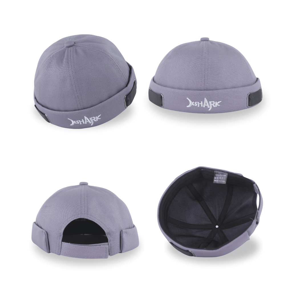 Collage of a steel grey docker hat for men featuring four views: front with white embroidery, side profile with adjustable straps, back view showing the velcro closure, and an interior view of the crown.