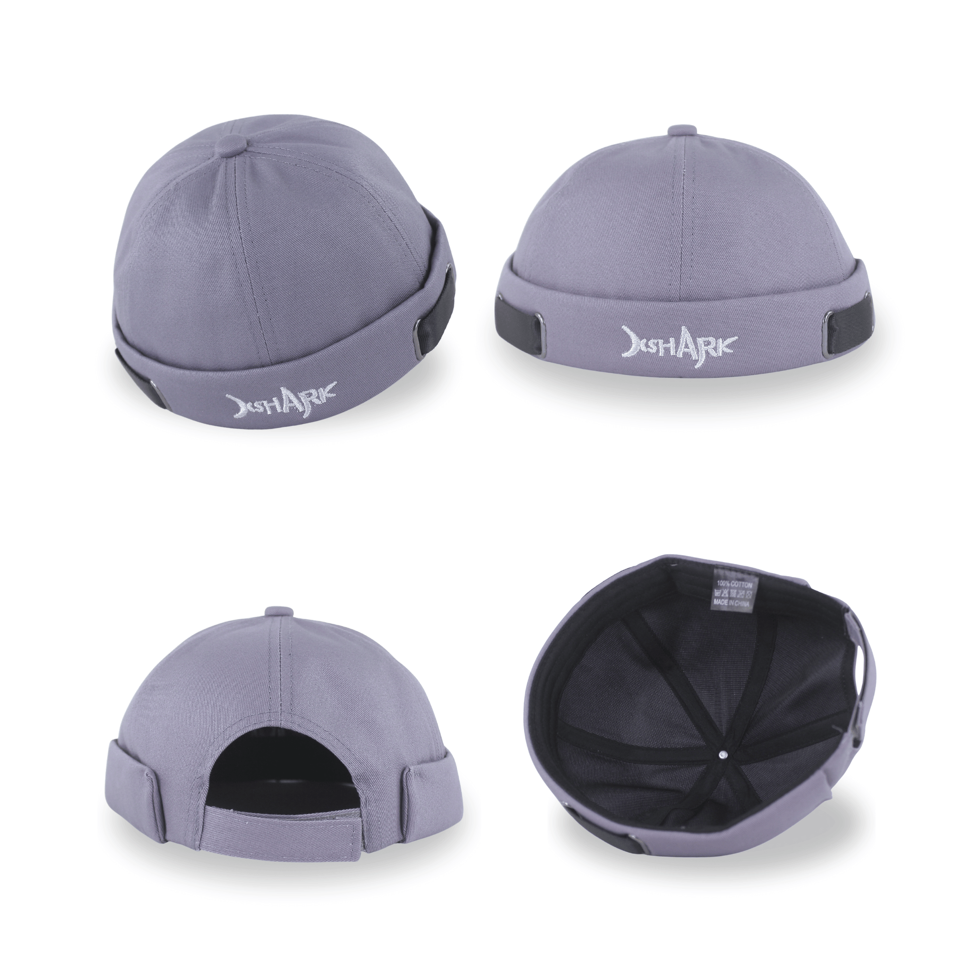 Collage of a steel grey docker hat for men featuring four views: front with white embroidery, side profile with adjustable straps, back view showing the velcro closure, and an interior view of the crown.