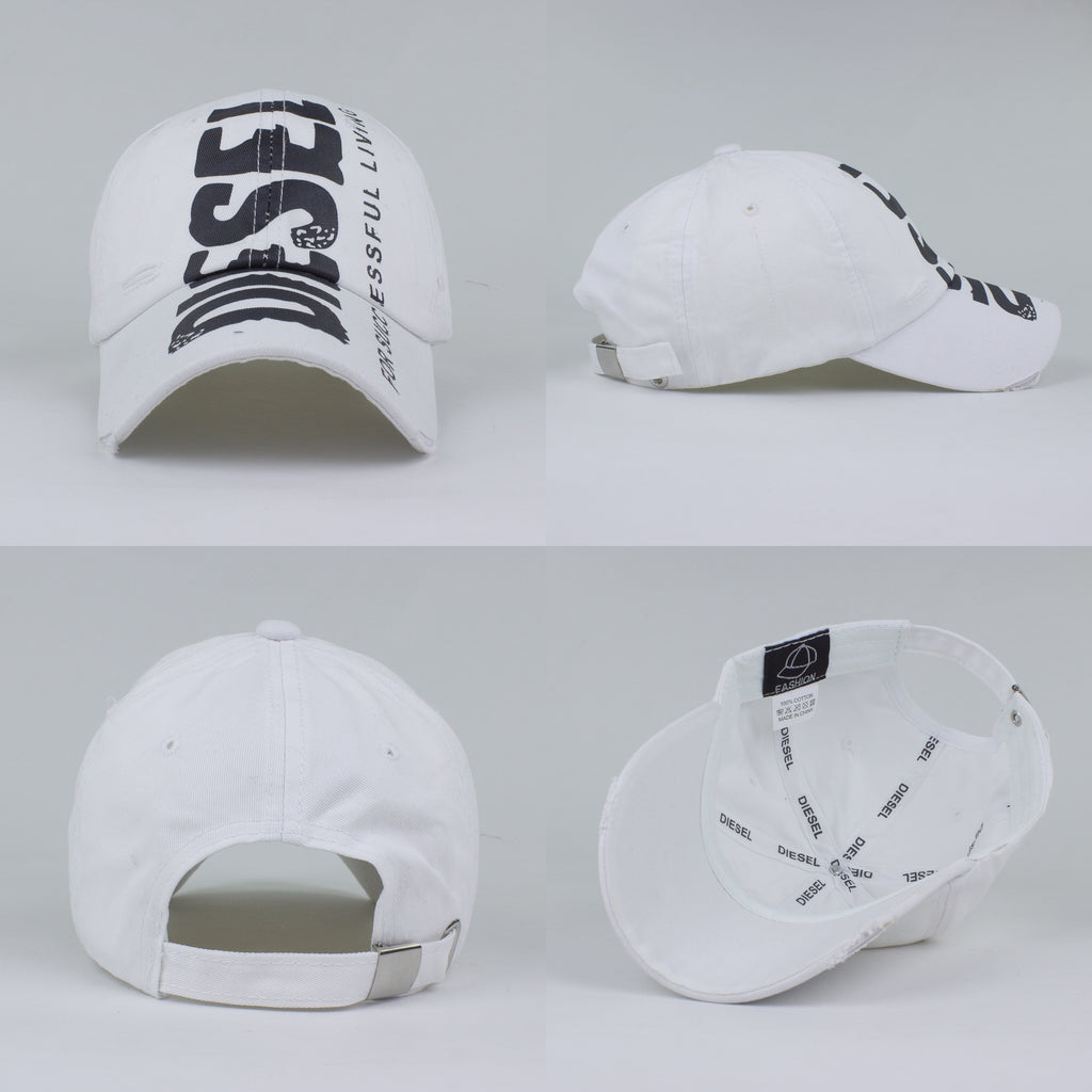 Multi-angle views of a white structured cap highlighting the adjustable metal buckle and interior.
