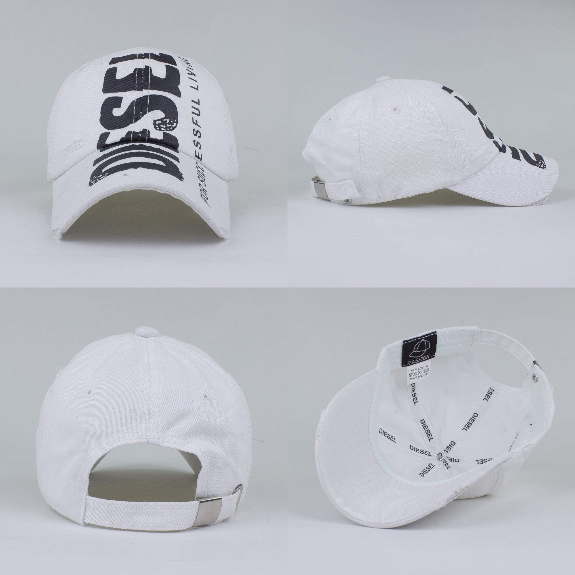 Multi-angle views of a white structured cap highlighting the adjustable metal buckle and interior.