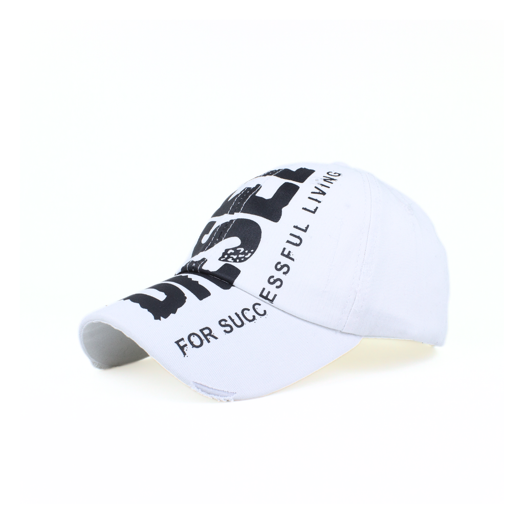 Profile angle of a clean white structured baseball cap with side embroidery.