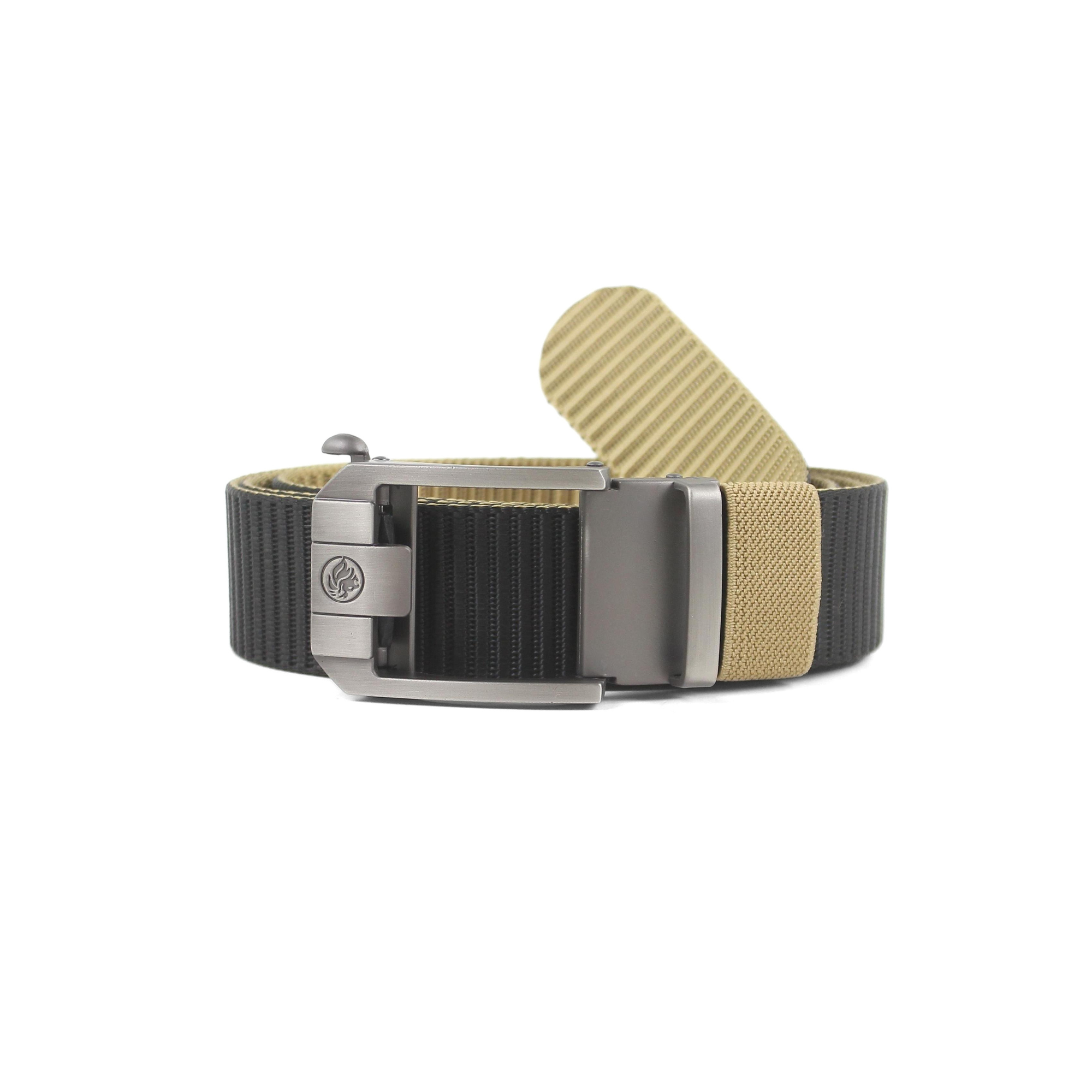Black nylon webbing tactical belt featuring a distinct yellow-beige block section near the gunmetal buckle, coiled against a white background.