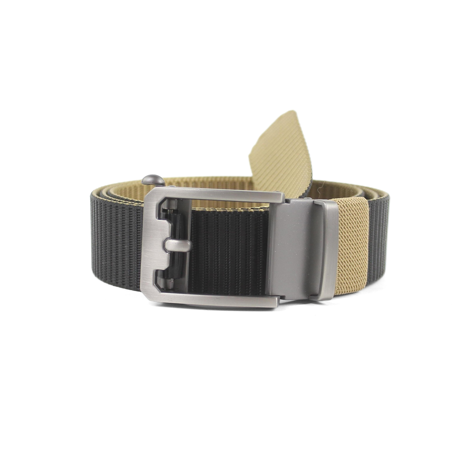 A coiled black and yellow webbing belt with a matte gunmetal tactical ratchet buckle, isolated on a white background.